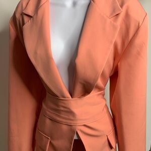 Peach Satin-Look Blazer with Wrap Waist